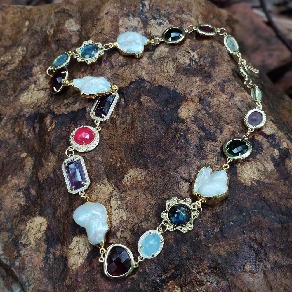 Unique Multi Color Stone Crystal Cultured White Pearl Choker Necklace Handmade