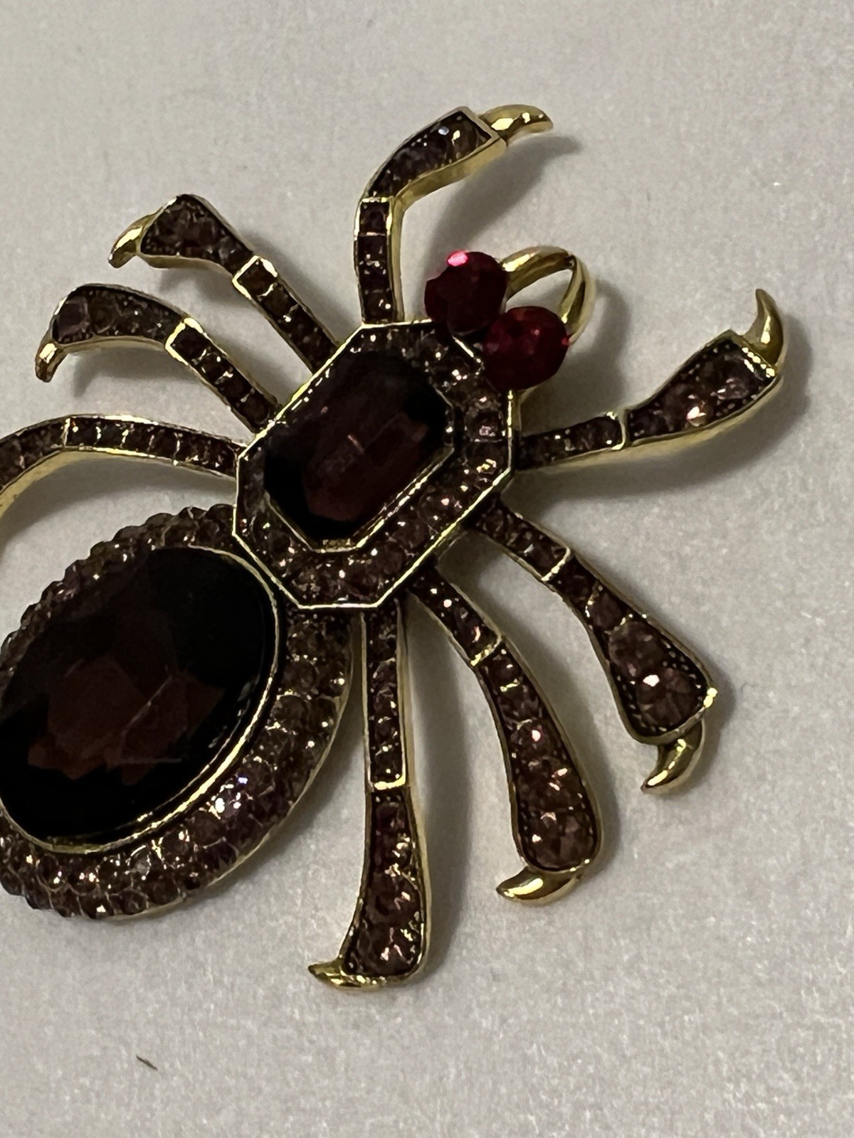 Spider Brooch Gold Tone Metal Red Burgundy