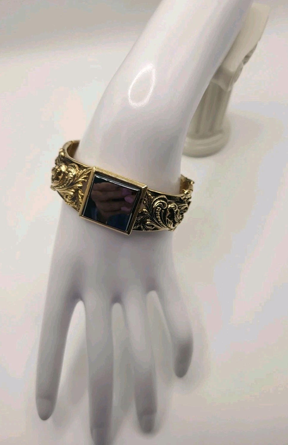 Ornate Hinged Cuff Bangle Bracelet Hematite Center Square Victorian Rev Goldtone