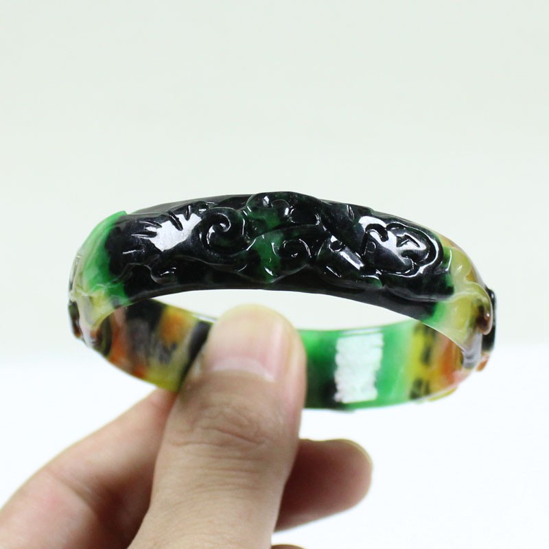 61mm Real Natural Ice Multicolor Burmese Jade jadeite Carving Bracelet Bangle
