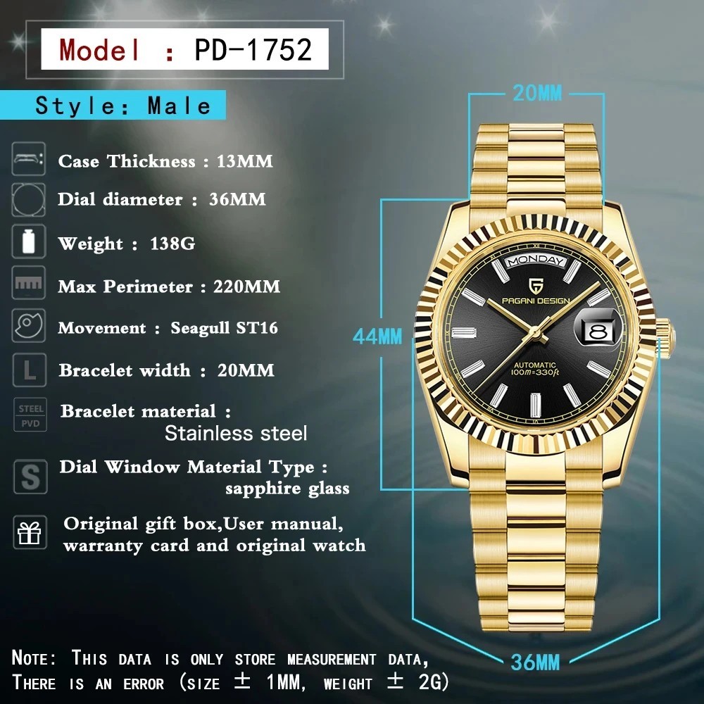 PAGANI DESIGN PD1752 Black Dial Automatic Stainless Steel Luxury Men’s Watch