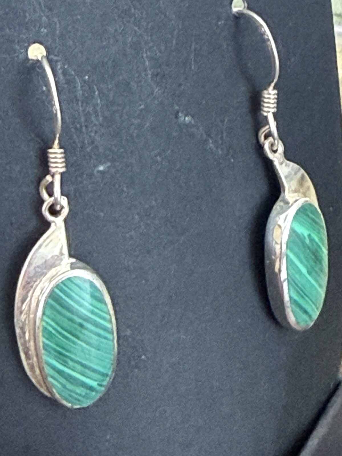 925 Sterling Silver Malachite Oval Bezel Dangle Hook Earrings Signed 1.5″