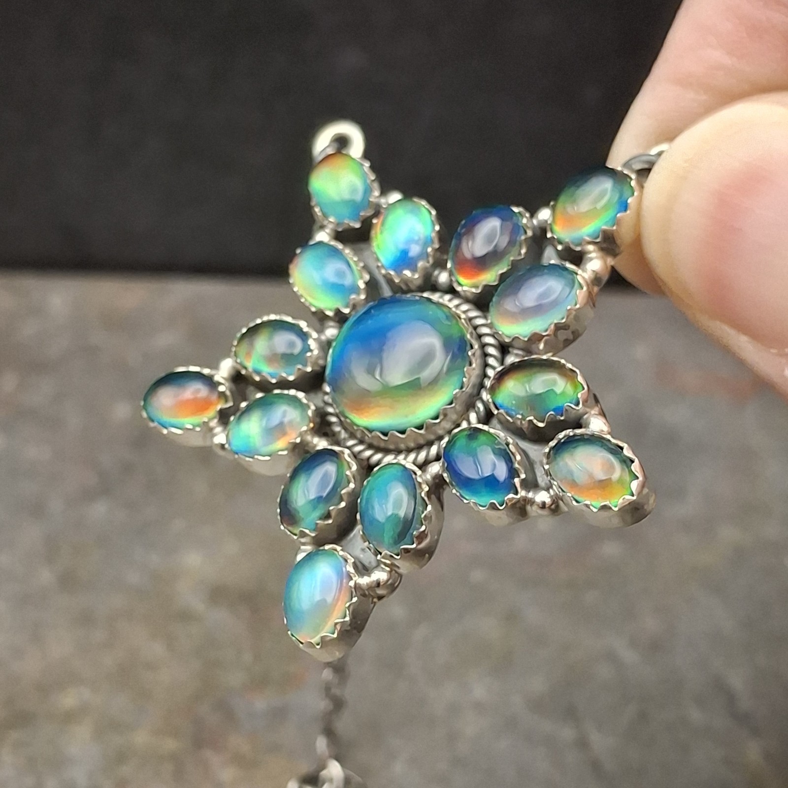 Aurora Opal Starburst Cluster Necklace 18-20″ Sterling Silver Southwestern