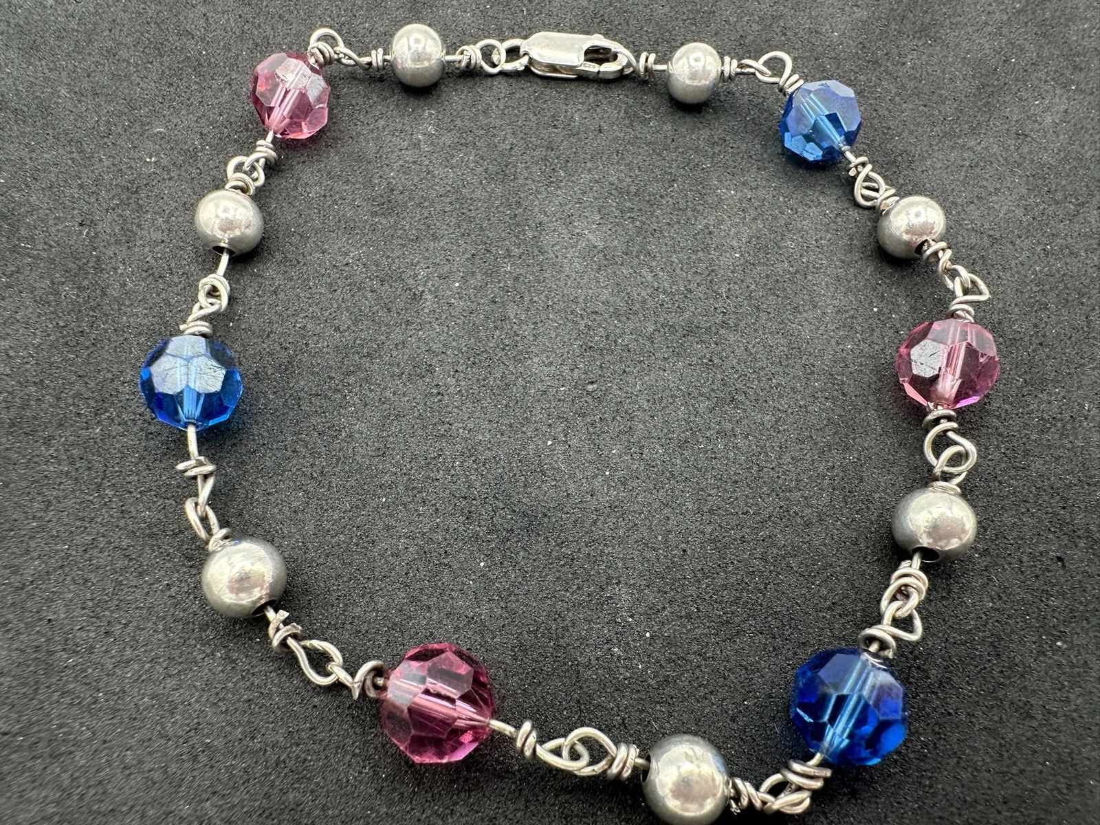 8.30g Vintage Sterling Silver 925 Bracelet Pink Blue Faceted Beads 9.1 in M