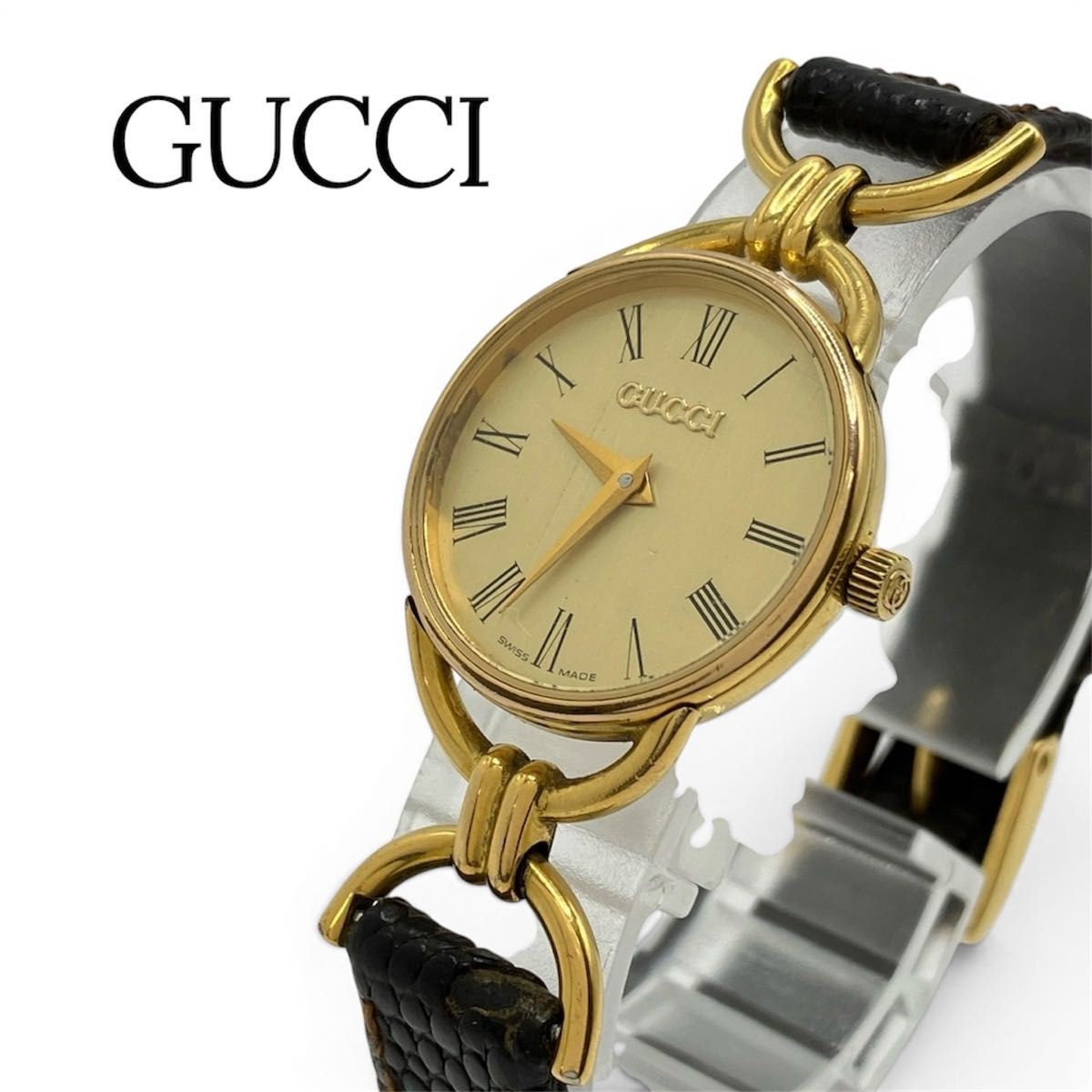 Working GUCCI watch gold dial quartz leather belt 6000L