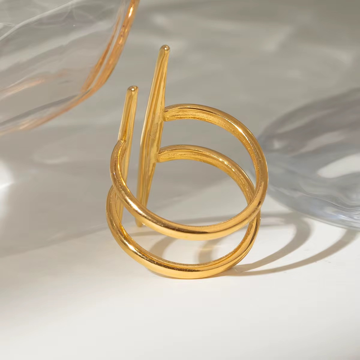 14k Gold Plate Statement Ring Sz 7 Adjustable Ring. Modern Art Deco