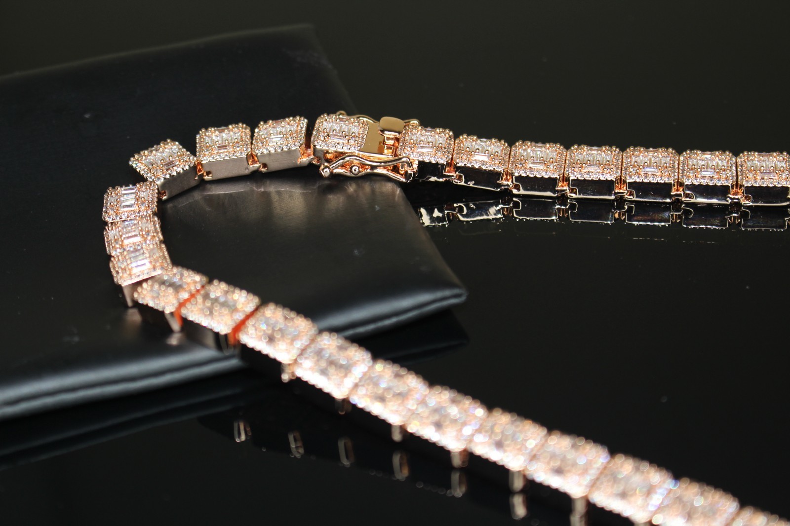 14k STAMPED ROSE Gold 10mm BAGUETTE Tennis 124ct Lab Sim Diamond Chain 143g