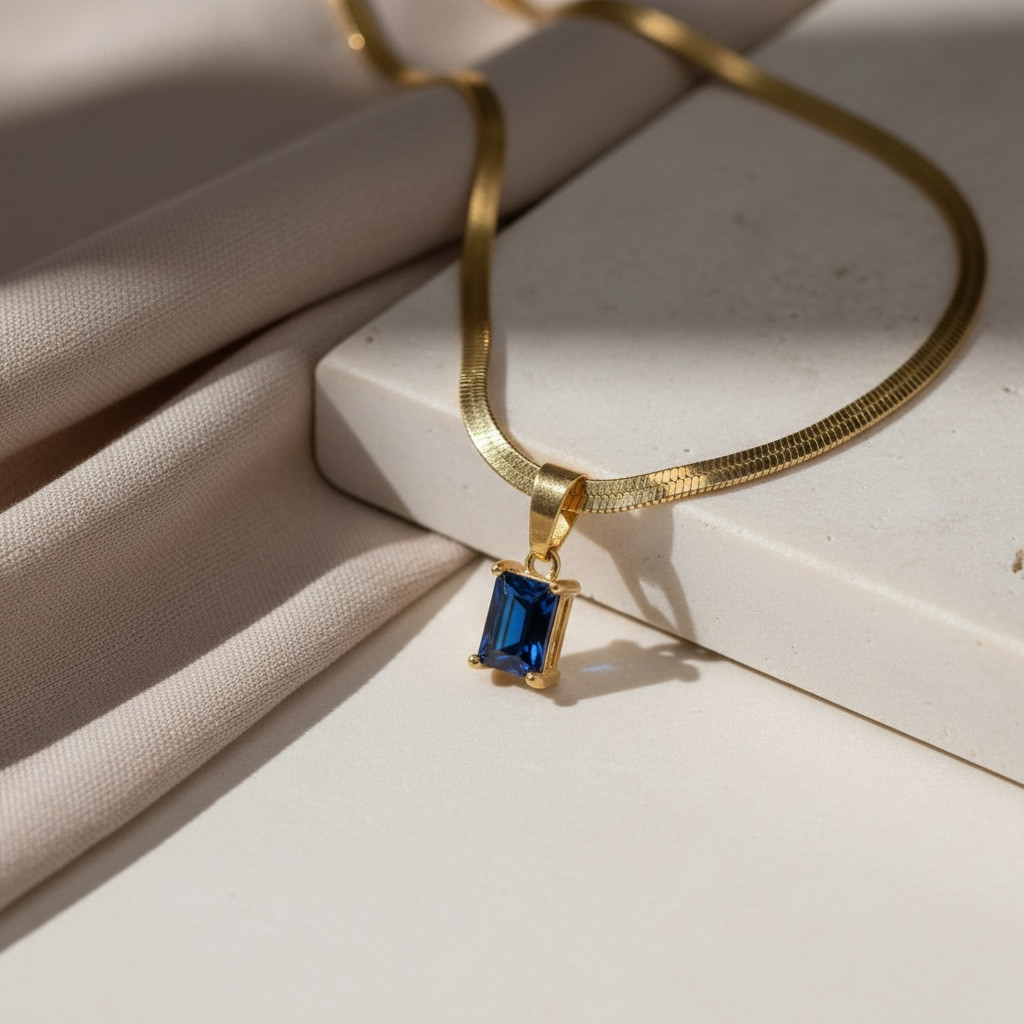 Diamond CZ Snake Chain – Emerald Cut Necklace | Dainty Herringbone | 18k Gold