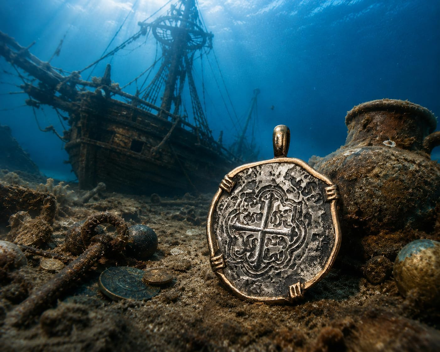 Atocha Shipwreck Replica Necklace Pendant Coin, Antique Silver Finish with Gold-
