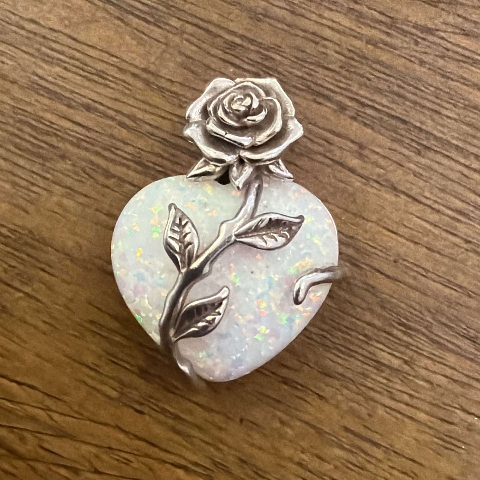 Sterling Silver 925 Heart And Rose Pendant Iridescent Opal 5.67g
