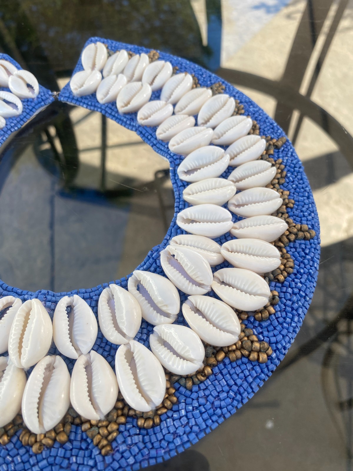 Olivia Dar Anthropologie Necklace Shell Collar Bib Beaded Statement Cowrie Peach
