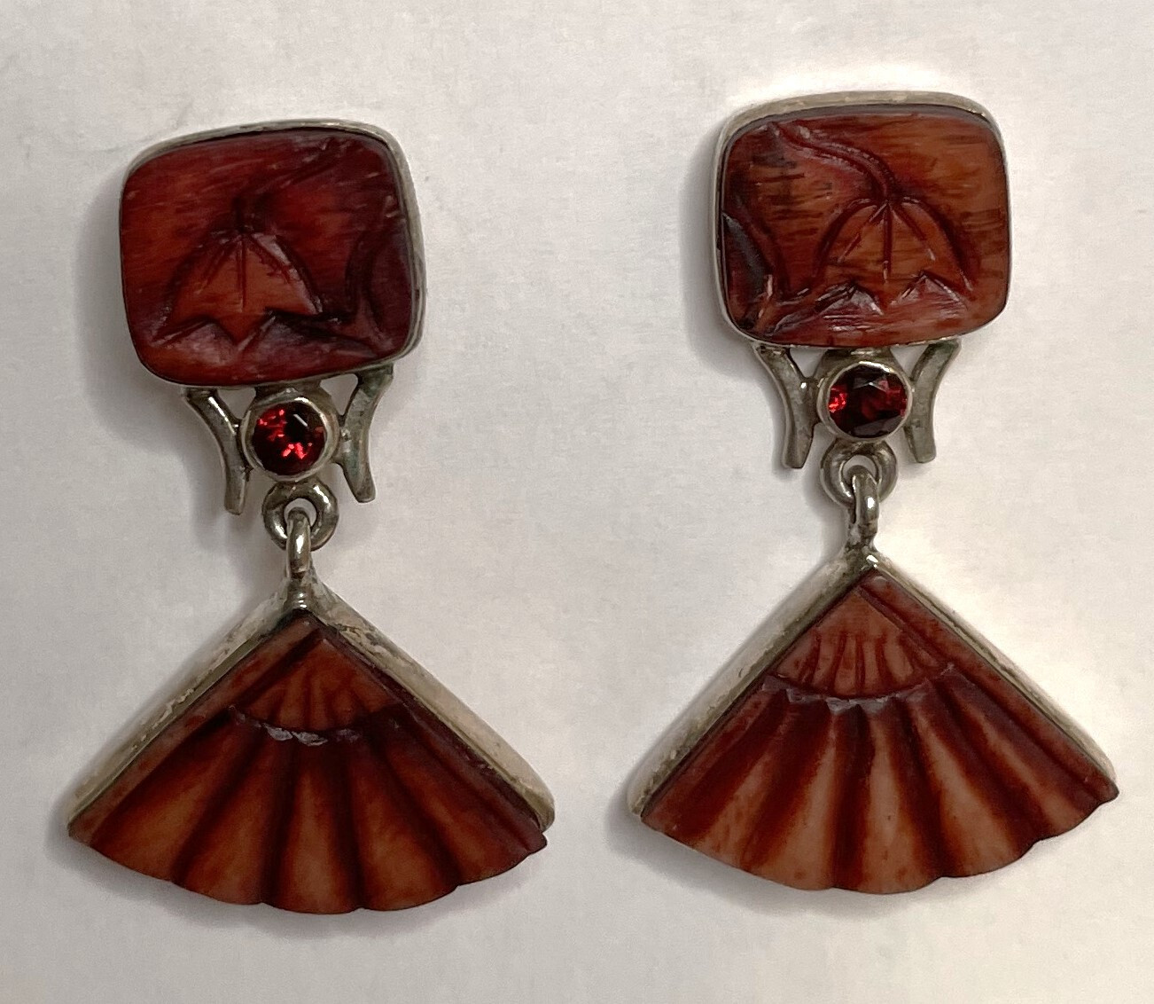 JLR Janice Lee Ripley Carved Cinnabar Garnet Earrings Sterling Flowers Flower