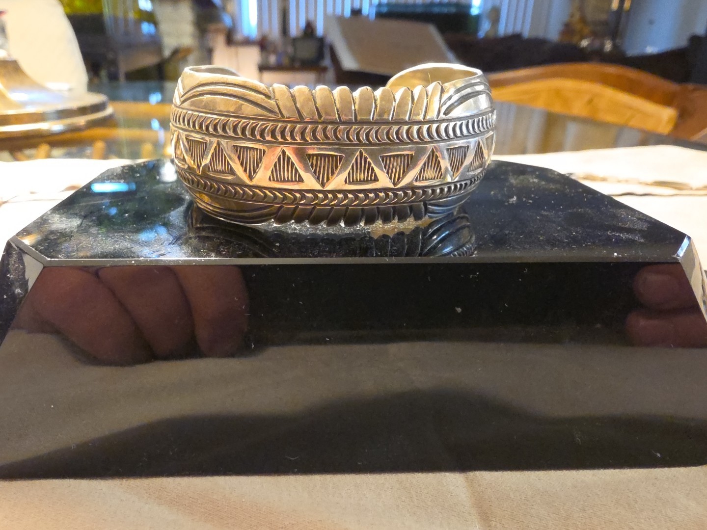 Vintage Carson Blackgoat Navajo Sterling Silver Stamped Cuff. Signed.