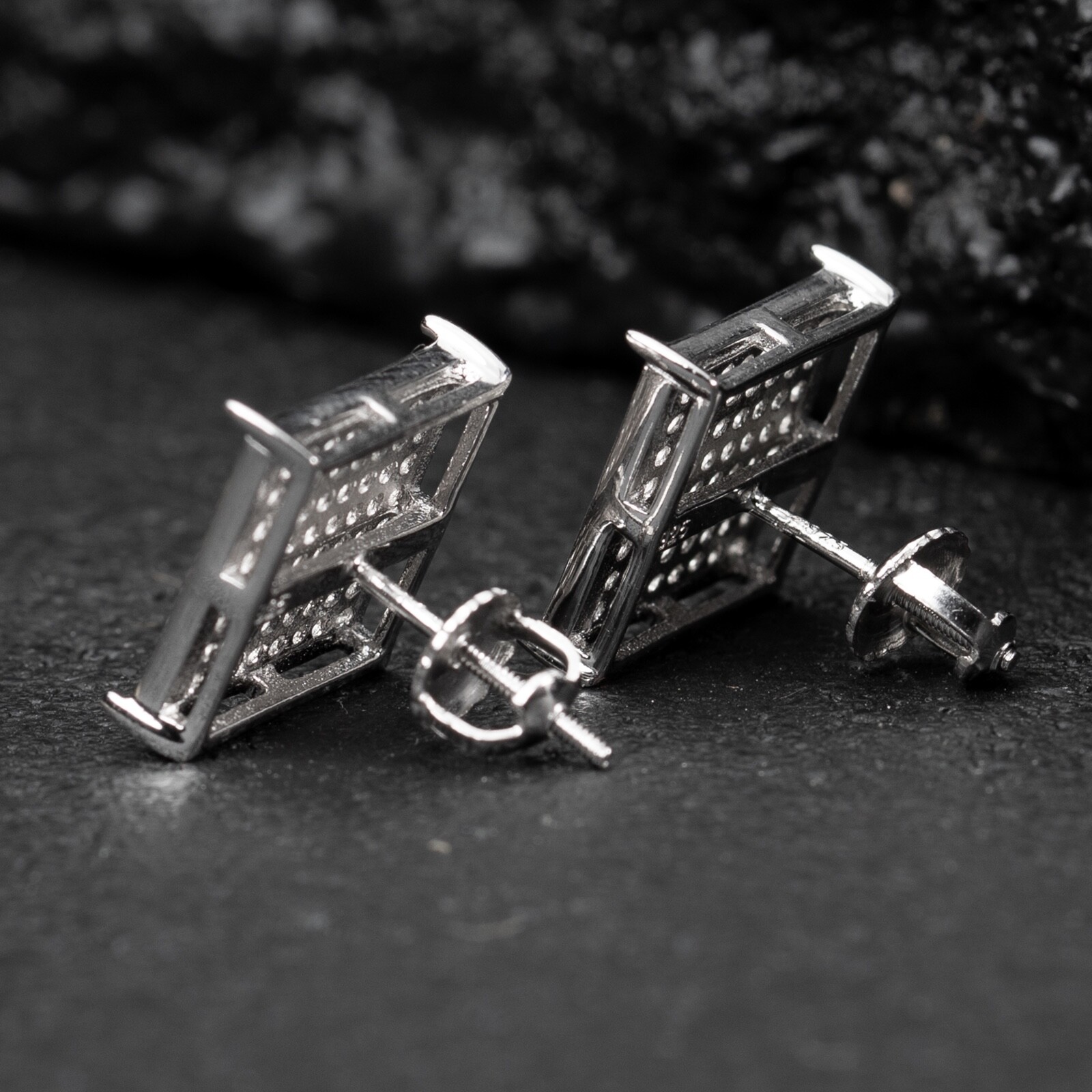 Men’s Square Flat Screen 925 Sterling Silver Hip Hop Stud Screw Back Earrings