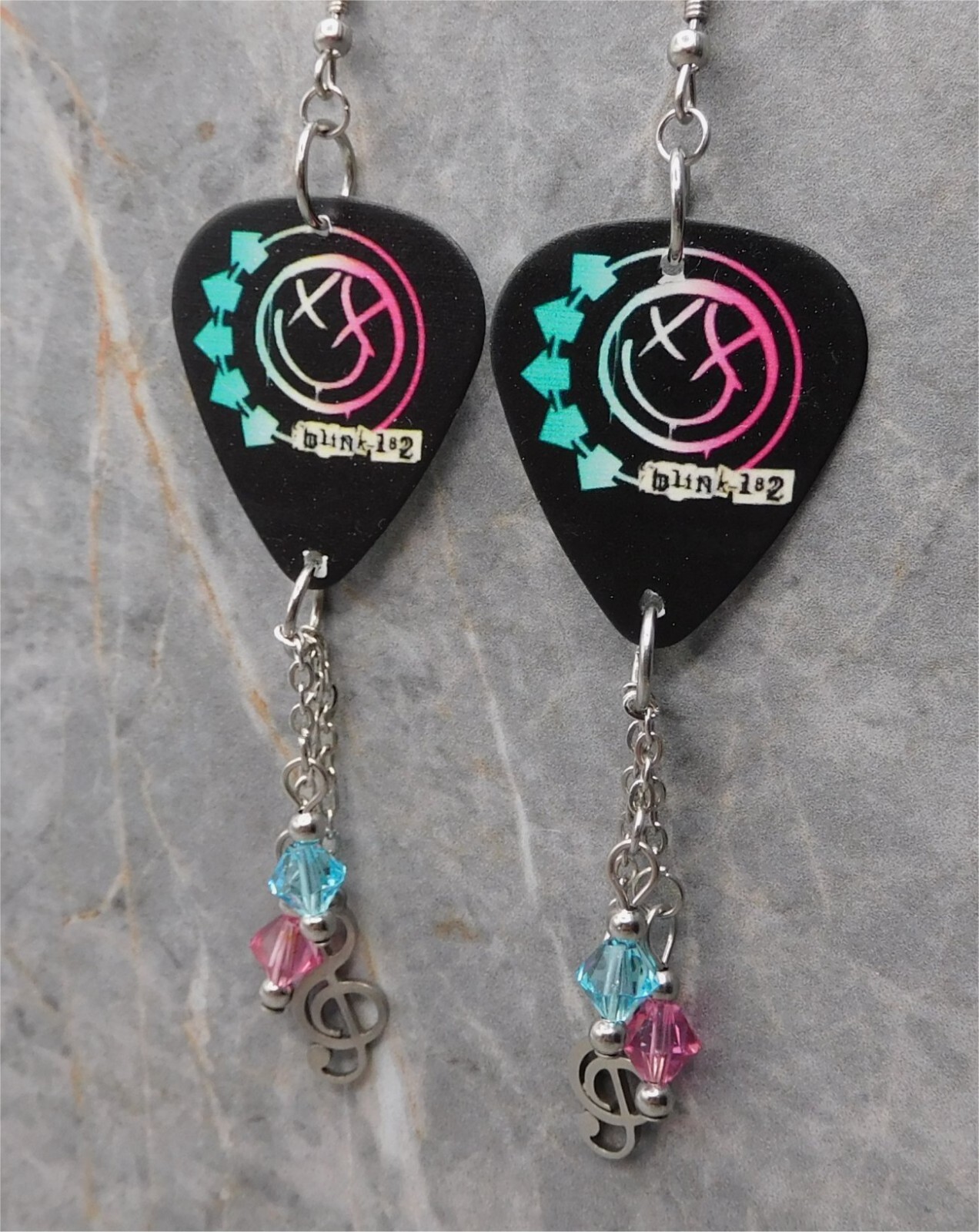 Blink 182 Self Titled Album Black Guitar Pick Earrings with Swarovski Dangles