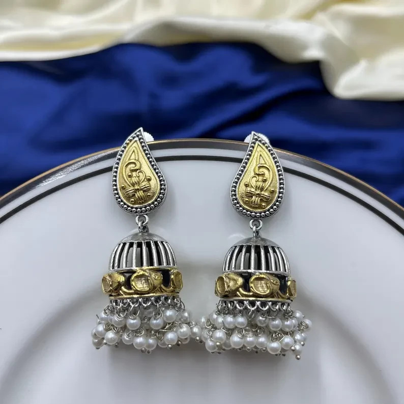 Oxidized Jhumka Earrings Gold Tone Pearl Drop Indian Ethnic Boho Jewelry Women