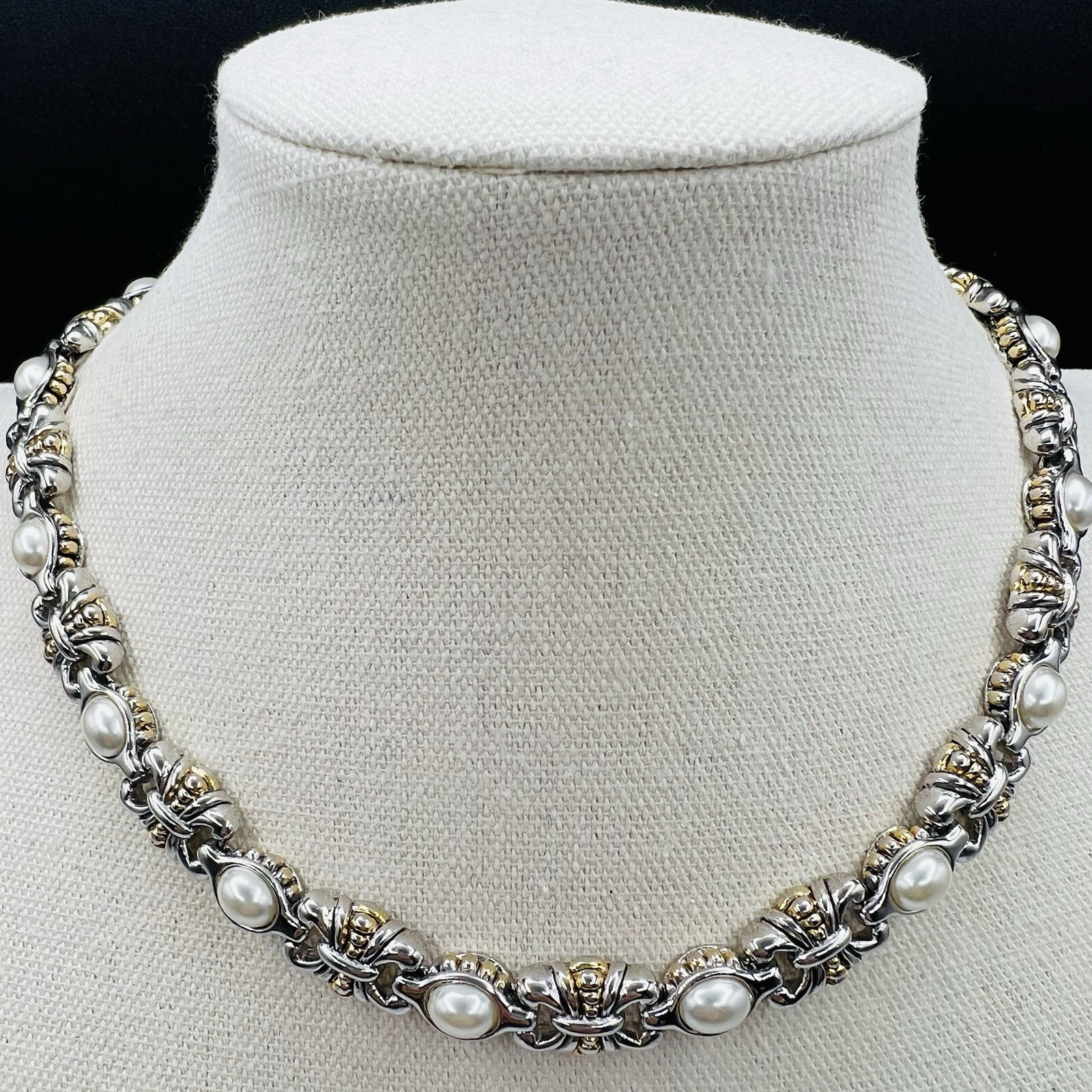 Mixed Metal Faux Pearl Choker Necklace Classic Link Vintage Style Statement Prom