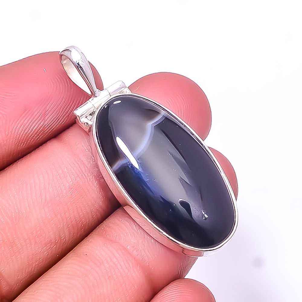 Black Banded Agate -Botswana 925 Sterling Silver Pendant 1.64″ P, Christmas Gift