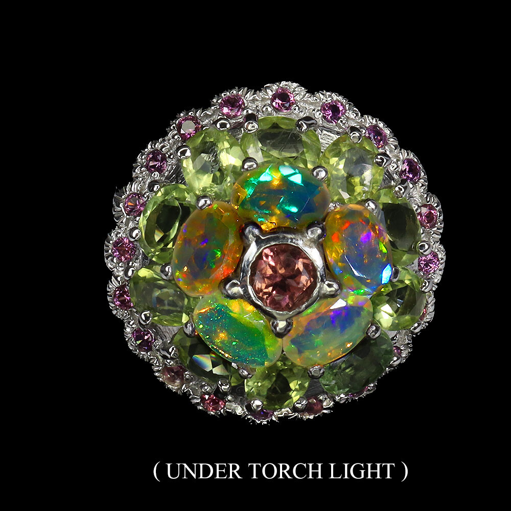 925 Sterling Silver Ring Oval Fire Opal Peridot Rhodolite Gemstone Jewelry Size