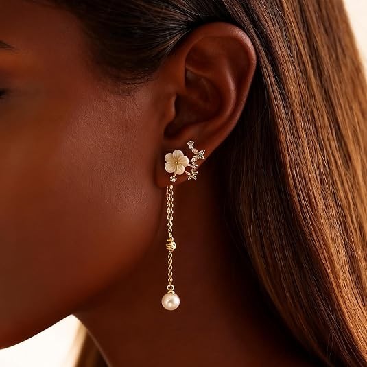 Aretes Largos de Cadena Flor dorado 14K para Mujer o Dama de Honor