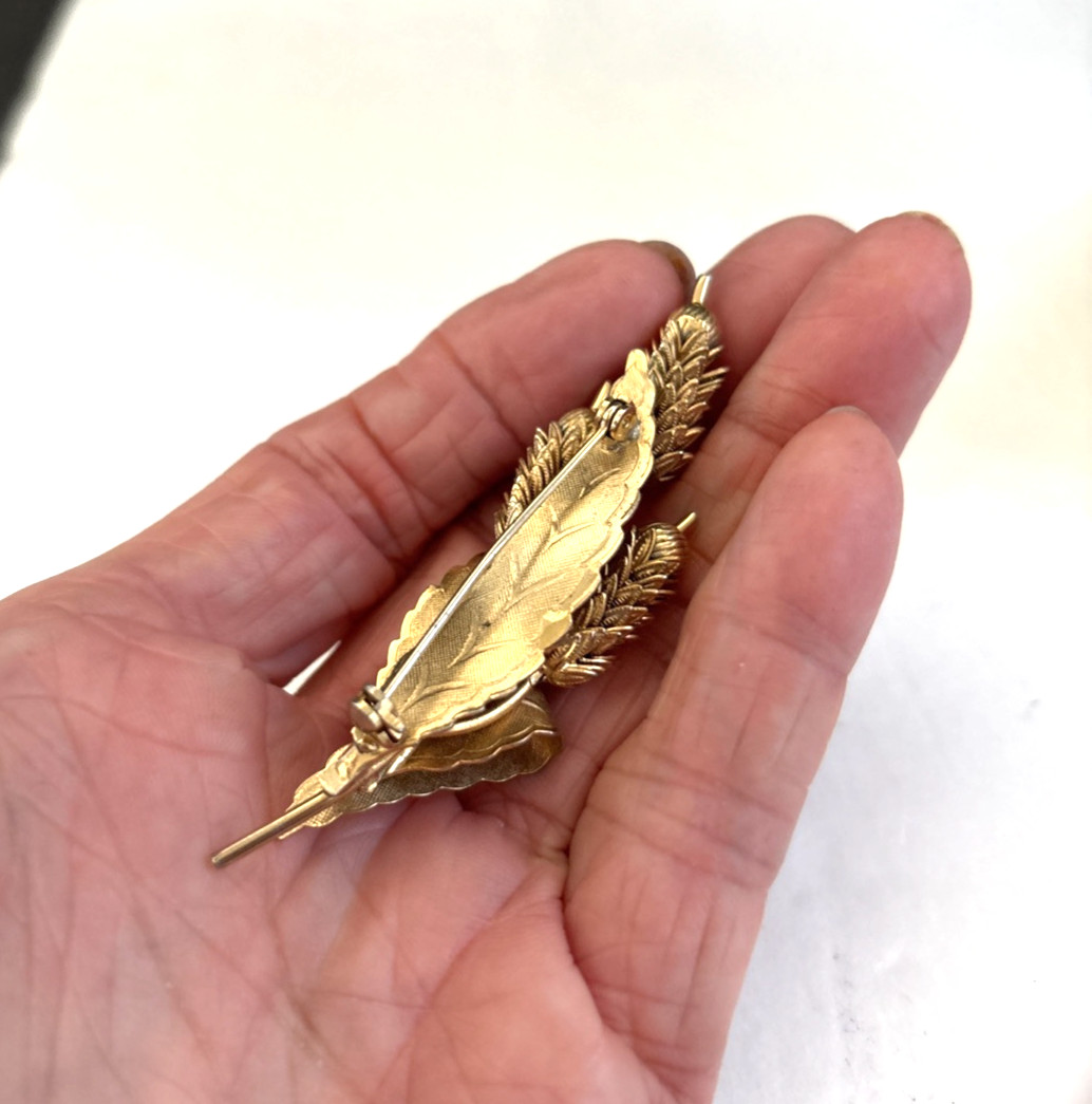 Large Vintage Wheat Brooch Articulated Gold Tone Enamel Wash Cattails Pin 3”