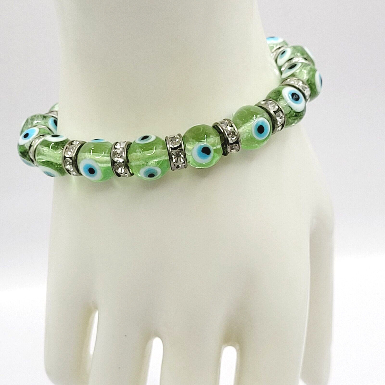 Modern Three Glass Bead w Rhinestone Jade Milky Glass Color Stretch Bracelet Set