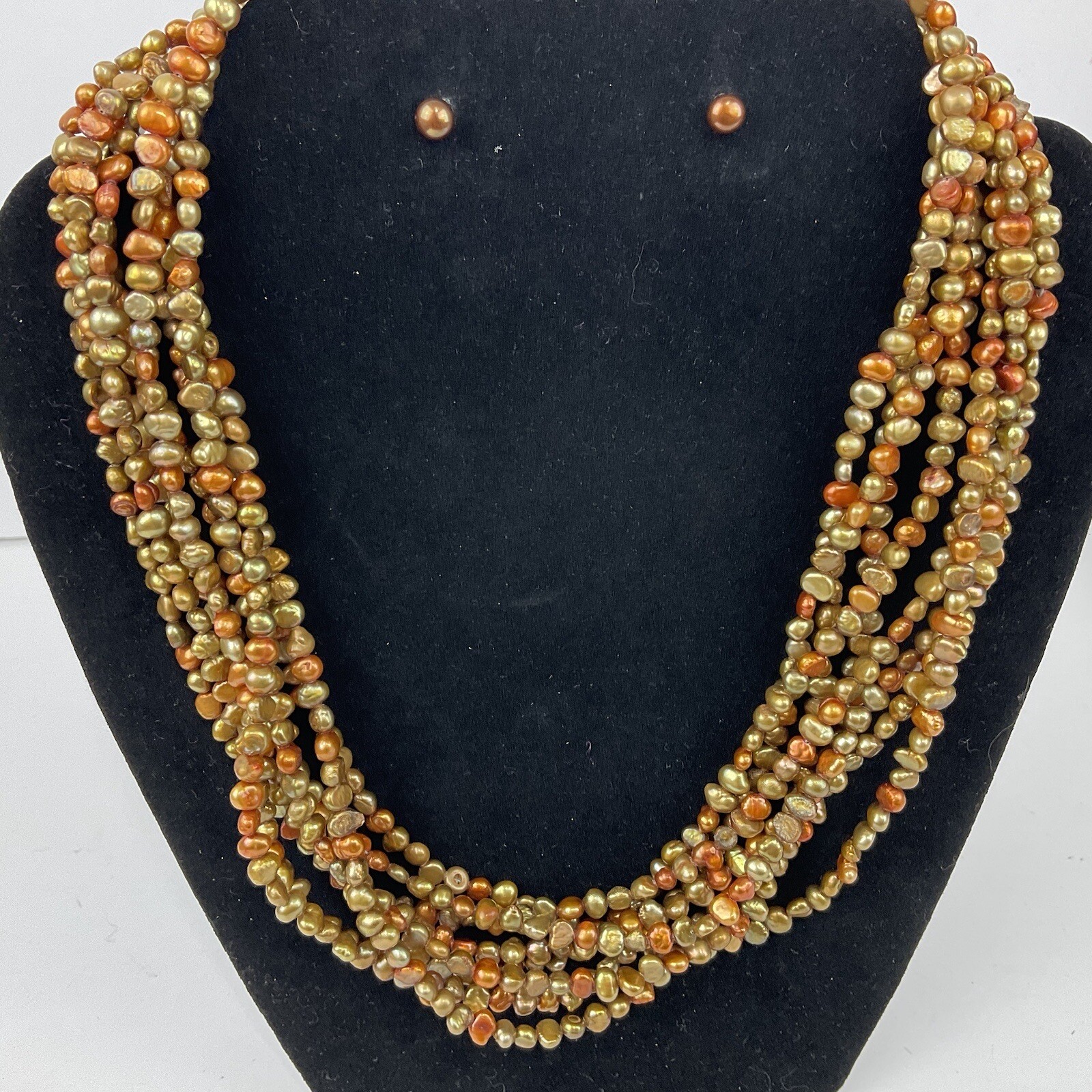 Golden Copper Pearl 7 Strand Collar Necklace & Earrings Set Sterling Silver 19.5