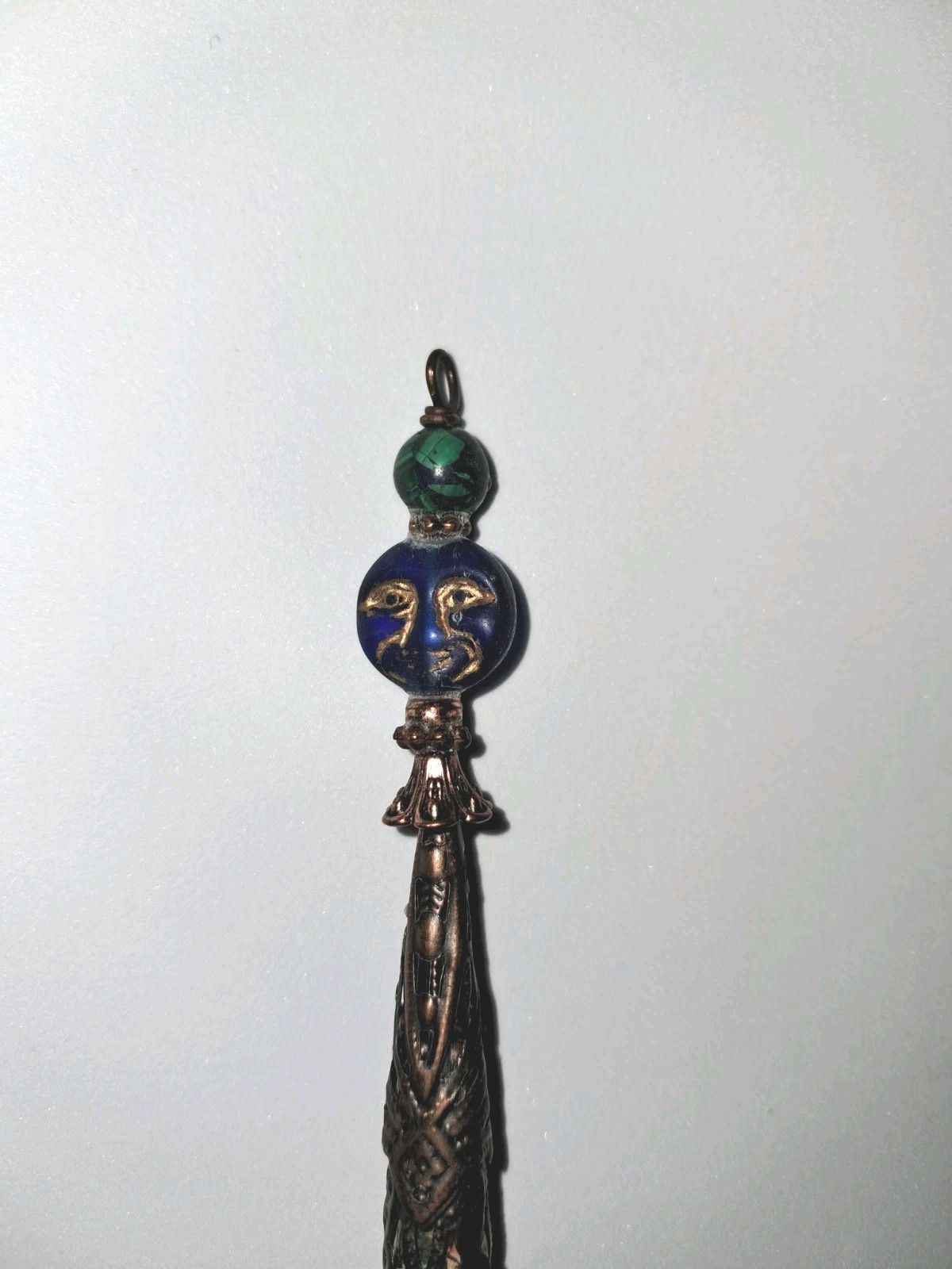 MALACHITE AZURITE Bead & Blue Glass Moon Face Bead PENDANT Sea Sediment Jasper