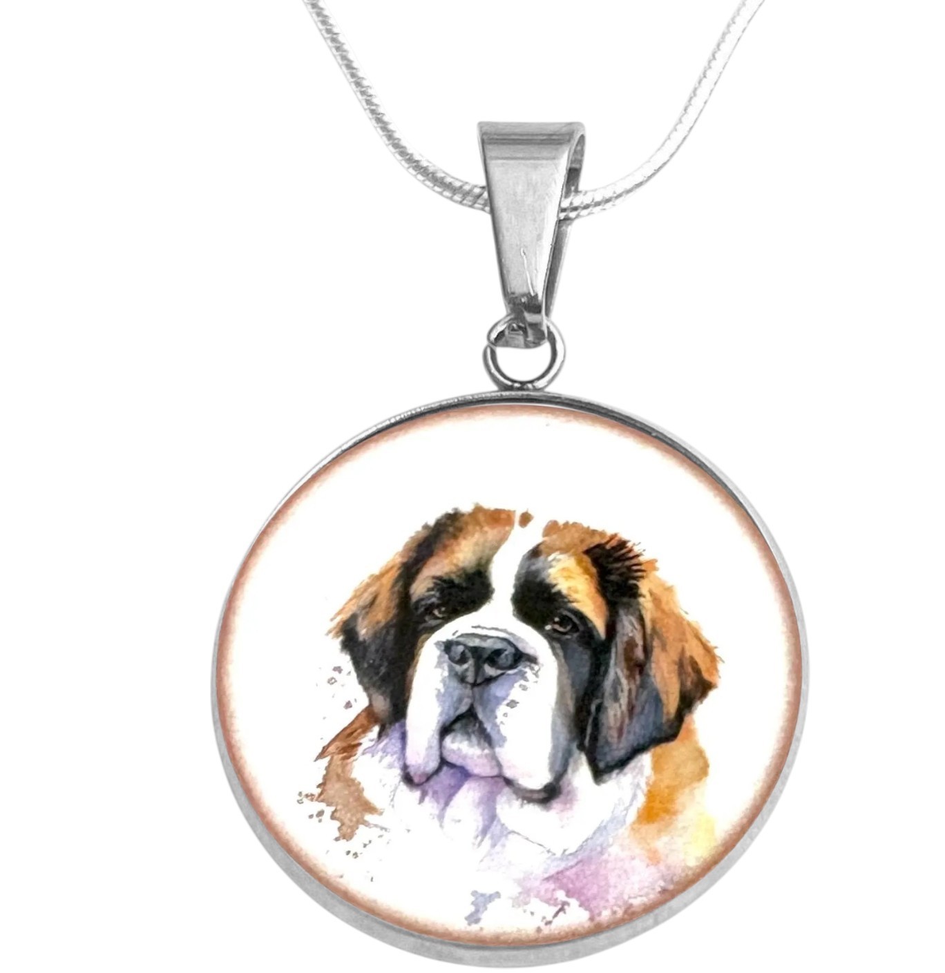 ST BERNARD DOG Art Print S. Steel Necklace Free Engraved message on back