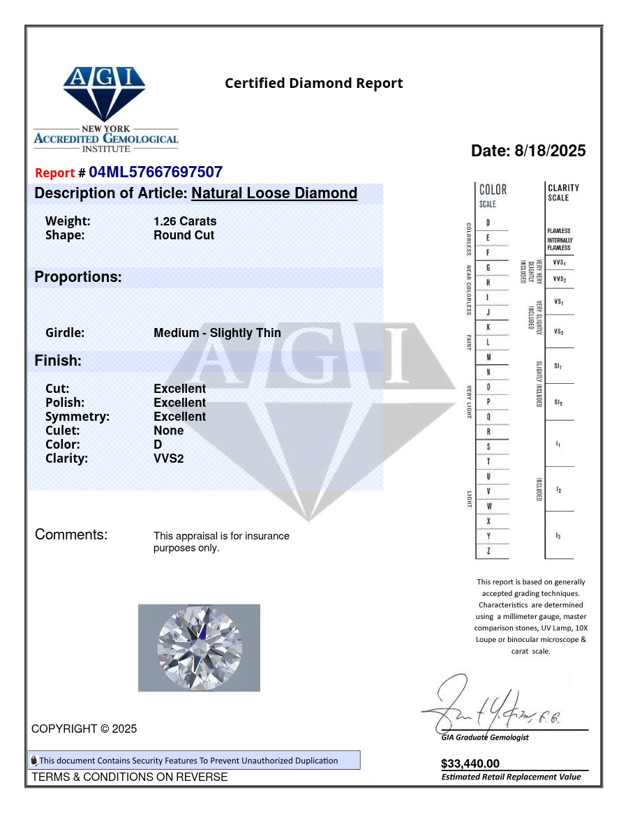 Round 1.26 Carat Cert. AGI Natural Mined Diamond Loose D color VVS2 clarity