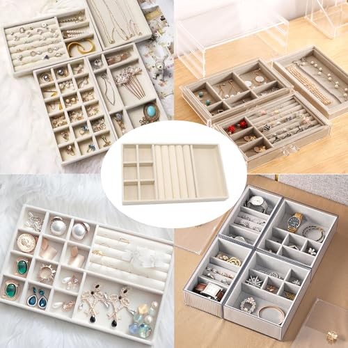 Velvet Jewelry Organizer Trays Stackable Jewelry Storage Display 3-in-1 Beige