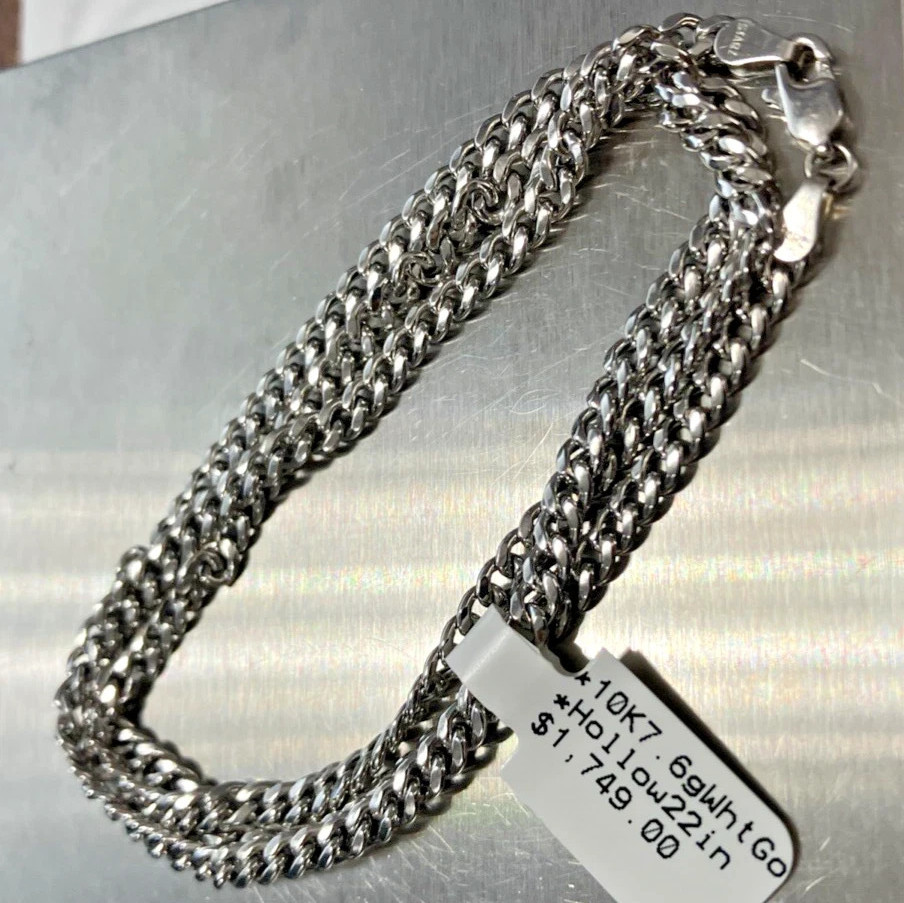 10KT White Gold Cuban Chain Semi-Solid/Hollow 7.6grams 3.8mm 22” Starz Brand NWT