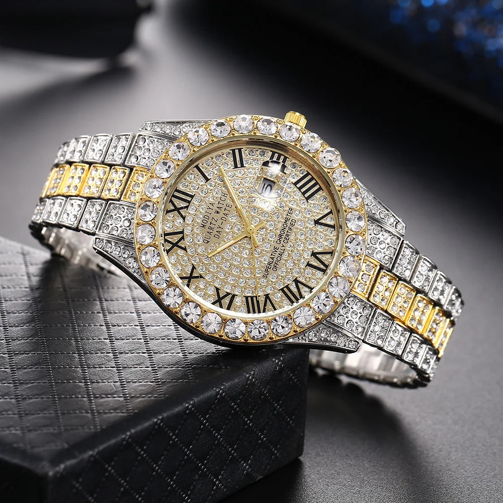 Classic Luxury Golden Men’S Steel Strap Roman Scale Rhinestone Calendar Quartz W