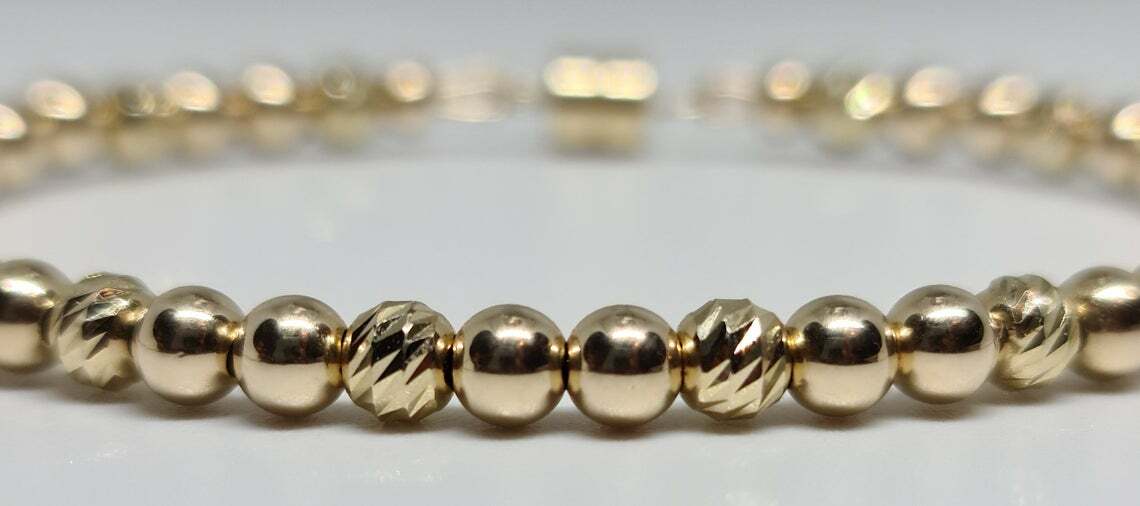 14K Solid Yellow Gold Bar Cut Faceted/Smooth Round 4mm Magnetic Unisex Bracelet
