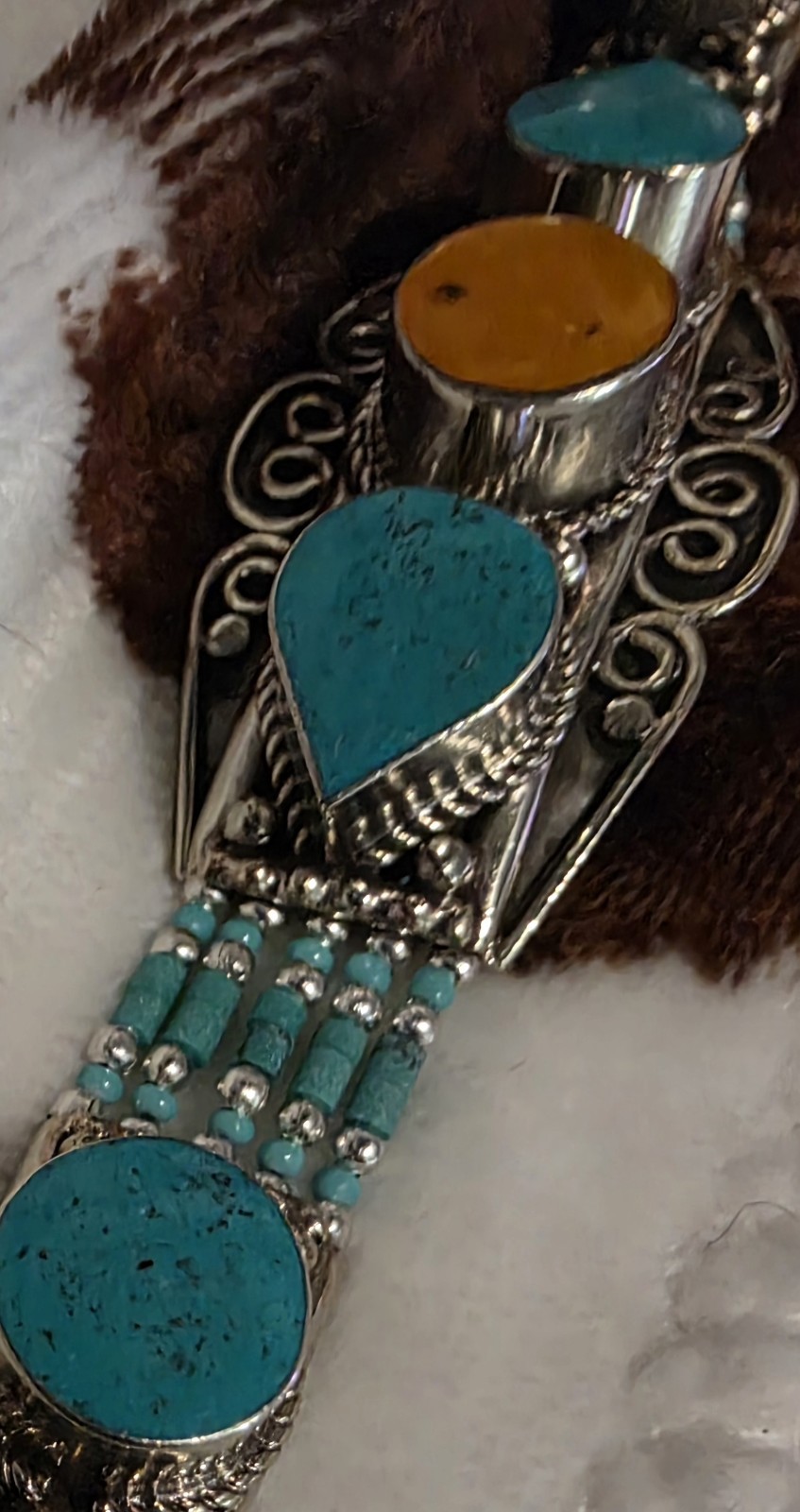 Handmade Tibetan Silver Tone Beaded Bracelet Turquoise Copal Teardrop Lobster