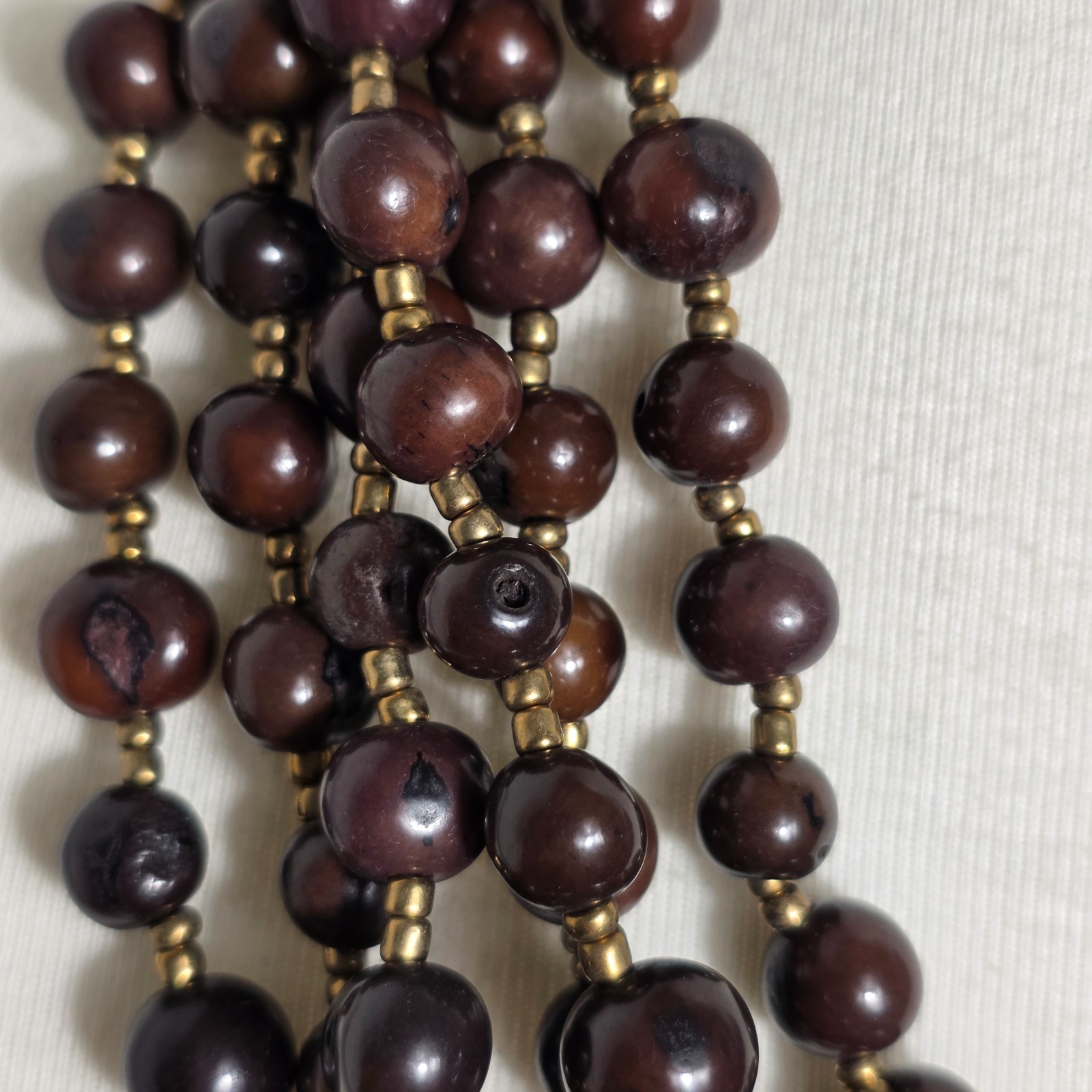 Multi-Strand Brown Acai Seed Bead Necklace with Gold Seed Bead Spacers