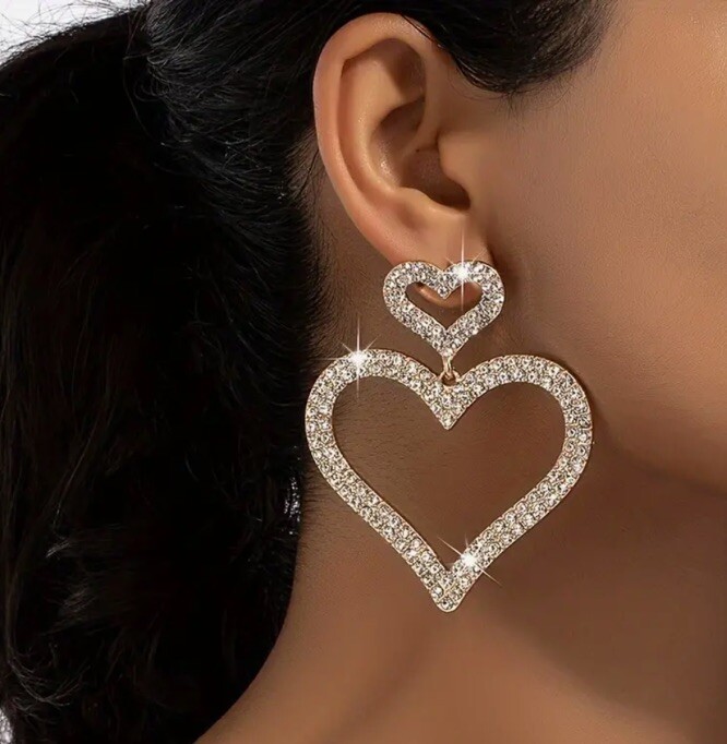 Silver Rhinestone Double Heart Hollowed Dangle Hoop Stud Glamour Earrings