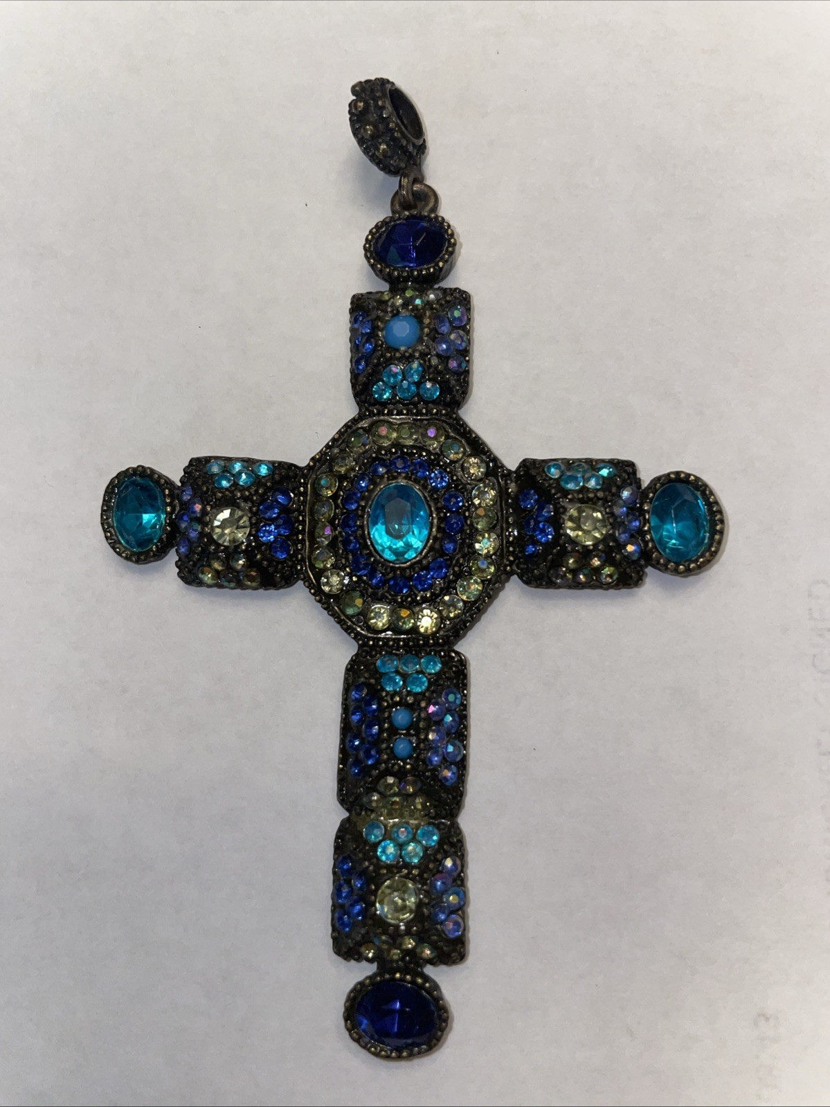 Vintage Cross Pendant Blue Green Other Rhinestones, 3.5”. Beautiful
