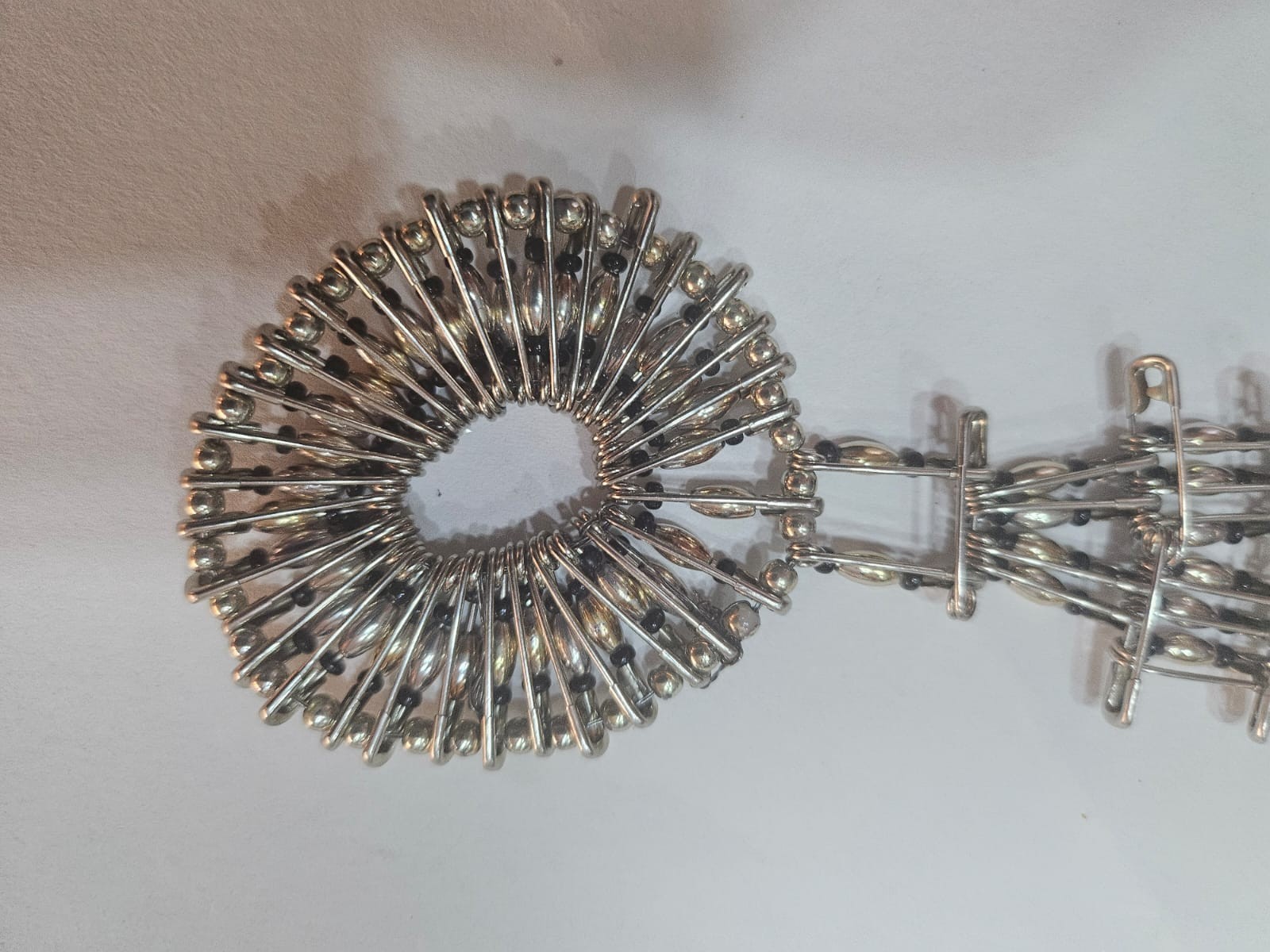 Unique Handmade Safety Pin Statement Necklace – Silver & Black Beaded Punk/Chic