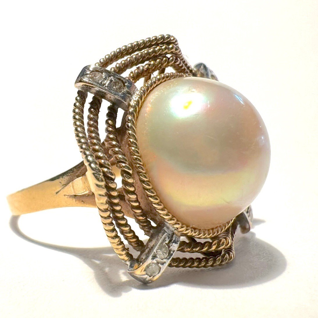 VINTAGE 8 DIAMOND & 12.4MM MABE PEARL 14K GOLD RING