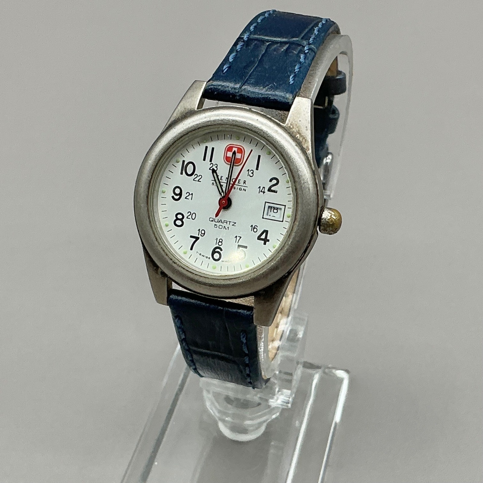 Wenger Watch Womens Silver Tone Blue Leather Band Military Style Date 8.25 In