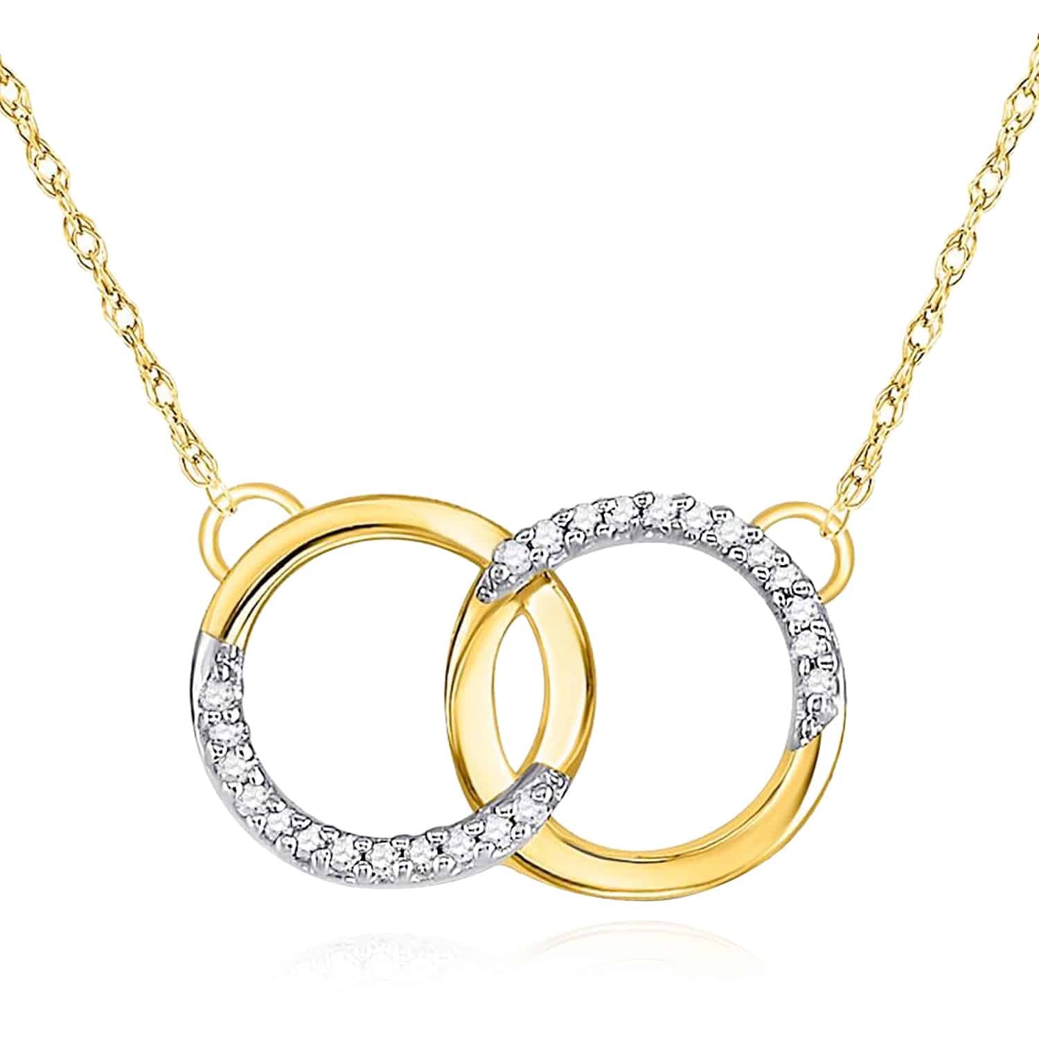 Natural Diamond 10K Yellow White Gold Interlocking Circles Necklace (Solid Links