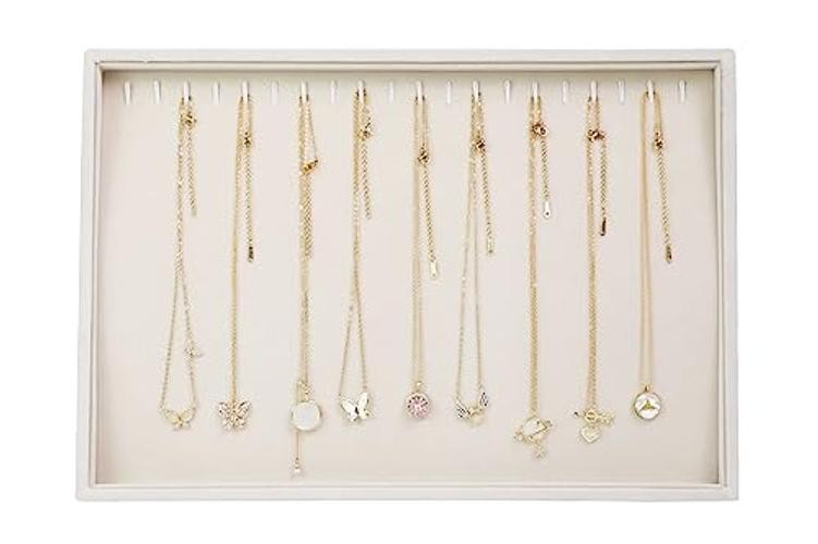 Hooks Necklace Organizer Tray, Stackable Jewelry Organizer for Women, 20 Beige