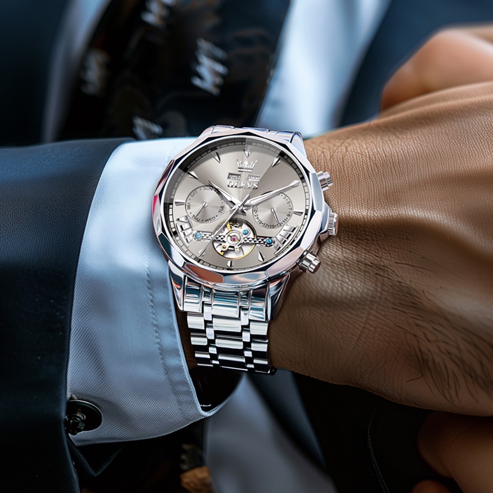 OLEVS 6619 Latest Stainless Steel Band Man Luminous Business Mechanical Watch`