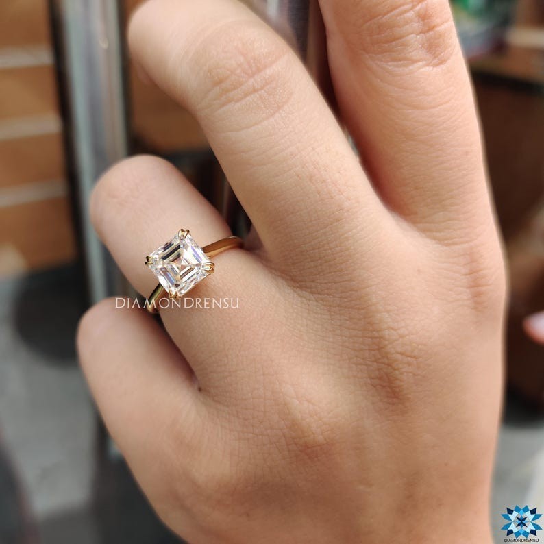 Asscher Cut Moissanite Double Claw Prong 14K Gold Solitaire Engagement Ring