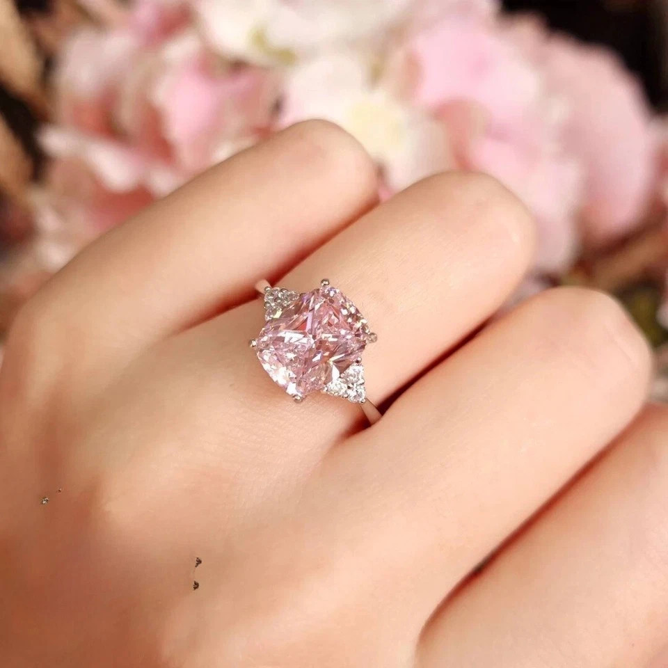 6.30 Ct Cushion Cut Natural Pink Sapphire Diamond Ring 14K White Gold Size 6 7 8