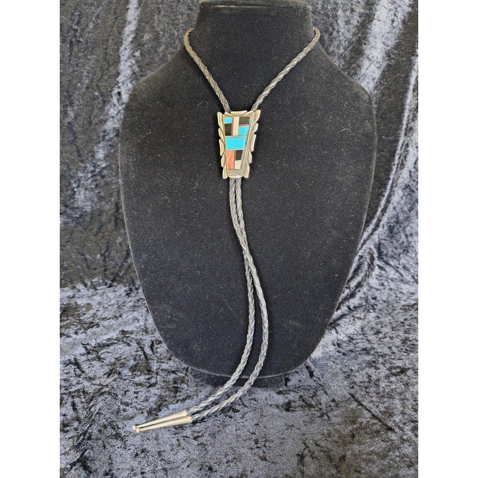 Old Sterling Silver Inlay Bolo Tie – Turquoise, Onyx, MOP & Spiny Oyster