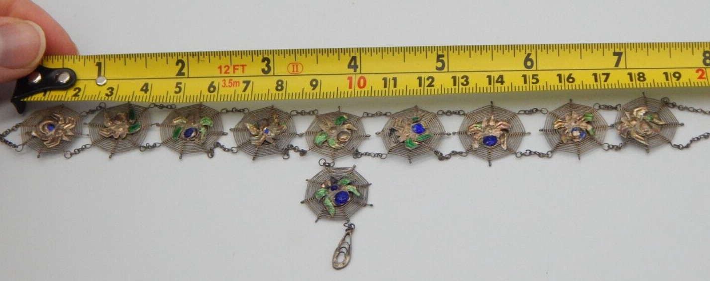 VTG 1940s Asian Silver Spiders on Spider Webs Necklace and Bracelet Set (CF110)