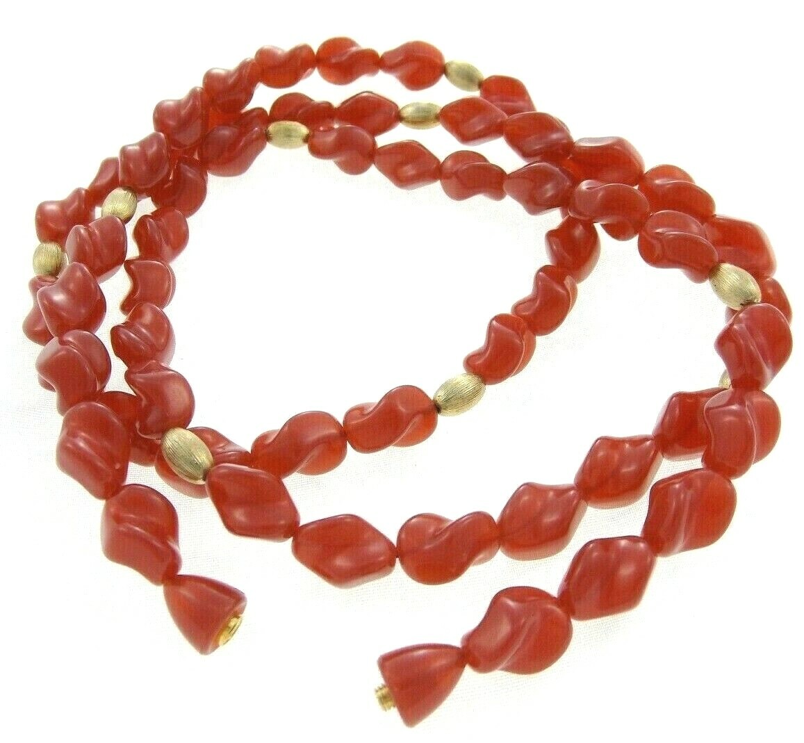 Vintage Red Twisted Plastic Beaded Necklace 30″ Hidden Clasp Long Strand String