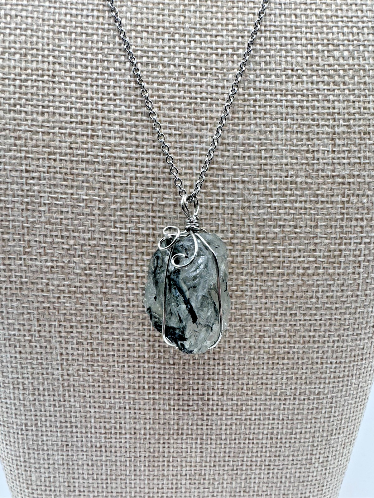 Raw Green Tourmaline in Quartz Wire Wrapped Necklace 304 Stainless Steel Chain